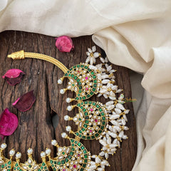 Vriksham Traditional Half Moon Guttapusalu Short Neckpiece-White Green-Rice Pearl-J3581