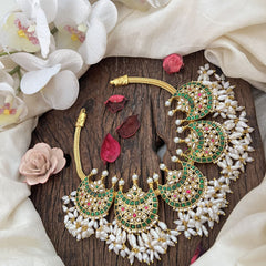 Vriksham Traditional Half Moon Guttapusalu Short Neckpiece-White Green-Rice Pearl-J3581