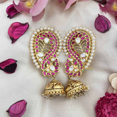Vriksham Bridal Floral & Peacock Style Jhumka With Pearls Deatling EarCuff- White Red -G21112
