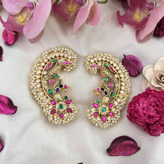 Vriksham Bridal Look Floral Style Peacockl With Pearls Deataling EarCuff-Green Red & White-G21106