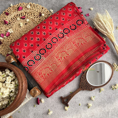 Vriksham Red Ajrakh Dola Silk Saree-VS4369