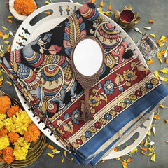 Vriksham Black Intricate Peacock & Floral Motif Hand Printed Pen Kalamkari Saree-VS4792