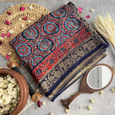 Vriksham Navy Blue Ajrakh Dola Silk Saree-VS4370