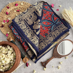 Vriksham Navy Blue Ajrakh Dola Silk Saree-VS4370