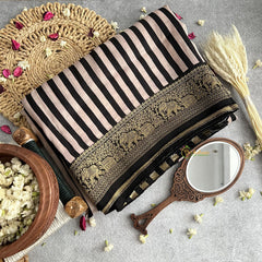 Vriksham Black & White Stripe Style Ajrakh Dola Silk Saree-VS4371