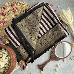 Vriksham Black & White Stripe Style Ajrakh Dola Silk Saree-VS4371