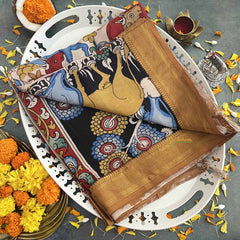 Vriksham Vibrant Art Hand Printed With GoldenZari Border Pen Kalamkari Saree-VS4798