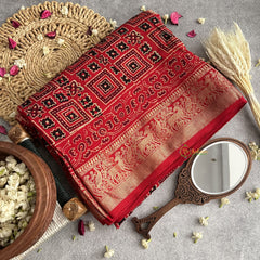 Vriksham Brick Red Ajrakh Dola Silk Saree-VS4372