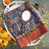 Vriksham Royal Blue Traditional Mithila Painting Inspired Hand Printed With Red Zari Border Pen Kalamkari Saree-VS4794