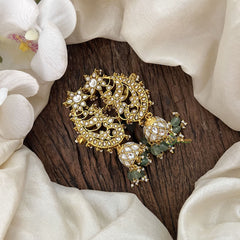 Vriksham Traditional Kundan Jhumka with Built‑in Ear Cuff & Green Beads-J3583