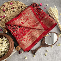 Vriksham Brick Red Ajrakh Dola Silk Saree-VS4372