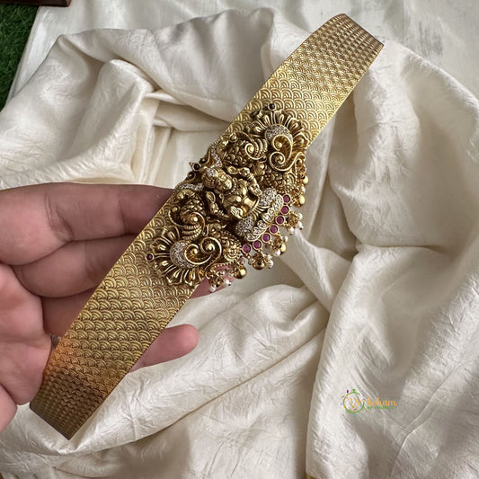 Premium AD Stone Peacock Lakshmi Pendant Plain Hipbelt - Gold Bead Pearl- G11512