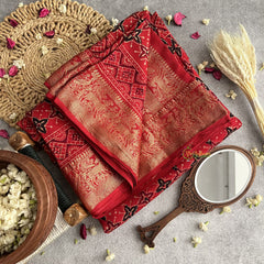 Vriksham Red Ajrakh Dola Silk Saree-VS4373