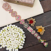 Vriksham Traditional Gold-Plated With Jhumka Kemp Stone Long Jada Billai-Red White & Green-G22423