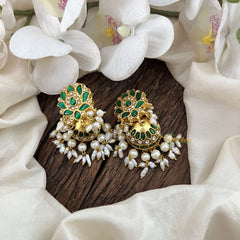 Vriksham Paisley Jhumka Earrings With Rice Pearl Tassels & Green Beads-J3582