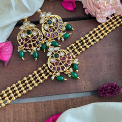 Golden Peal 4 Layer Single Pendant High Neck Choker-Green Bead-G14197