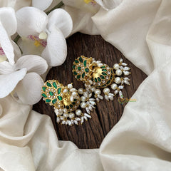 Vriksham Paisley Jhumka Earrings With Rice Pearl Tassels & Green Beads-J3582