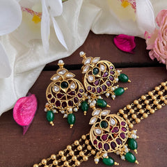 Golden Peal 4 Layer Single Pendant High Neck Choker-Green Bead-G14197