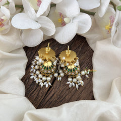 Vriksham Paisley Jhumka Earrings With Rice Pearl Tassels & Green Beads-J3582