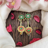 Vriksham Elegant Floral Jadau Kundan Stud With Ear cuff-Red Green-Green Beads-Pearls-J3939