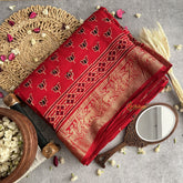 Vriksham Red With Lotus Print Ajrakh Dola Silk Saree-VS4376