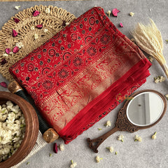Vriksham Red With Floral Print Ajrakh Dola Silk Saree-VS4377