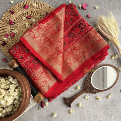 Vriksham Red With Floral Print Ajrakh Dola Silk Saree-VS4377
