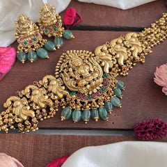 Premium Mayil Lakshmi High Neck Choker-Aqua Green Bead-G14198