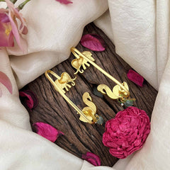 Vriksham Elephant With Peacock Jadau Kundan Stud With Ear cuff-Red Green-Pearls-J3940