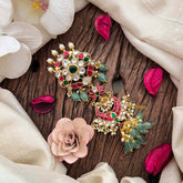 Vriksham Double Pendant Chandbali Style Kundan Jadau Jad Billai-Red Green & White-Green Bead-Pearls J4192