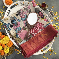 Vriksham Indian Folk Art Printed With Red Border Pen Kalamkari Saree-VS4801