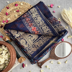 Vriksham Blue Ajrakh Dola Silk Saree-VS4379