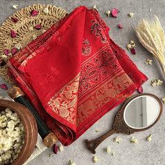 Vriksham Red With Tree Print Ajrakh Dola Silk Saree-VS4380