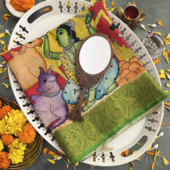 Vriksham Classic Krishna With Cow Art Printed With Green Border Pen Kalamkari Saree-VS4800