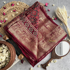 Vriksham Maroon Geometric Print Ajrakh Dola Silk Saree-VS4381