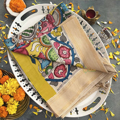 Vriksham Handprinted Elephant Bengaluru Style With Golden Zari Border Pen Kalamkari Saree-VS4799