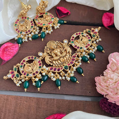 Premium Lakshmi High Neck Choker-Green Bead-Pearl-G14201