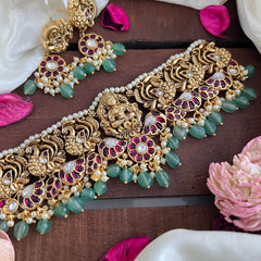 Premium Mayil Lakshmi High Neck Choker-Aqua Green Bead-Pearl-G14204