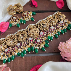 Premium Mayil Lakshmi High Neck Choker-Green Bead-Pearl-G14203