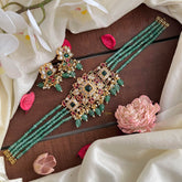 Stylish Layered AD Stone High Neck Choker-Aqua Green Bead-G14205