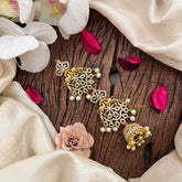 Vriksham Peacock Feather AD Stone Gold Touch With Jhumka Drops Jad Billai-Pearls-G21679