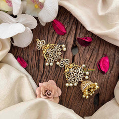 Vriksham Peacock Feather AD Stone Gold Touch With Jhumka Drops Jad Billai-Pearls-G21679