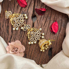 Vriksham Peacock Feather AD Stone Gold Touch With Jhumka Drops Jad Billai-Pearls-G21679