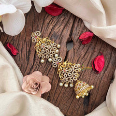 Vriksham Peacock Feather AD Stone Gold Touch With Jhumka Drops Jad Billai-Red-Pearls-G21680