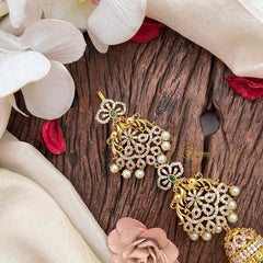 Vriksham Peacock Feather AD Stone Gold Touch With Jhumka Drops Jad Billai-Green-Pearls-G21681