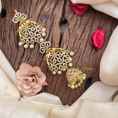 Vriksham Peacock Feather AD Stone Gold Touch With Jhumka Drops Jad Billai-Green-Pearls-G21681