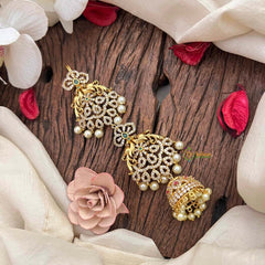 Vriksham Peacock Feather AD Stone Gold Touch With Jhumka Drops Jad Billai-Green-Pearls-G21681