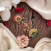 Vriksham Classic Pendant Lakshmi Style Kundan Jadau Jhumka Jad Billai-Red Green & White-Green Bead-Pearls J4193