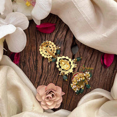 Vriksham Classic Pendant Lakshmi Style Kundan Jadau Jhumka Jad Billai-Red Green & White-Green Bead-Pearls J4193