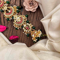 Vriksham Bridal 5 Segments Multi-Medallion Jada Billai-Red White & Green-Green Bead-Pearls-G21690